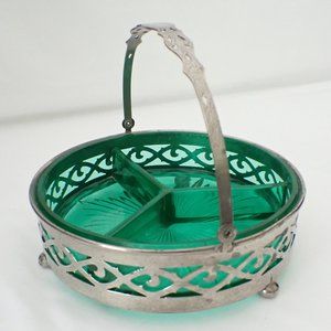 VINTAGE green depression glass/metal divided candy/condiment/relish/nuts dish.